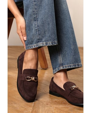 Wheres That From Womens Freyja Knot Trim Hardware Detail Flat Loafers in Brown Suede