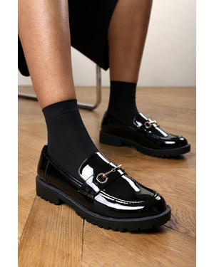 Wheres That From Womens Aadhya Chunky Snaffle Trim Detail Loafers in Black Patent