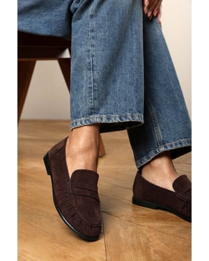 Wheres That From Womens Charleigh Ruched Detail Flat Penny Loafers in Brown Suede