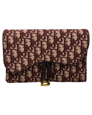 Dior Saddle Oblique portemonnee met ketting in bordeauxrood canvas