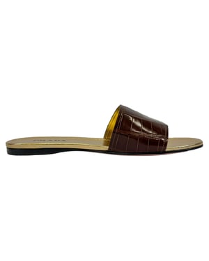 Prada Croc-Embossed Slide Flat Sandals in Brown Leather