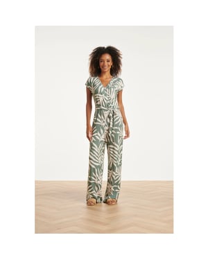 Smashed Lemon Groene stretch jumpsuit met bladprint en ceintuur |