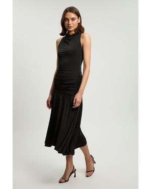 Stretch Drapey Crepe Ruched Hanky Hem Midi Dress