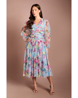 Printed Floral Mesh Midi Dress