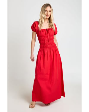 Petite Cotton Poplin Shirred Bodice Puff Sleeve Maxi Dress
