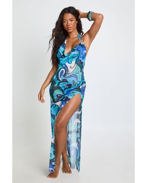 Abstract Print Sheer Mesh Plunge Maxi Beach Dress