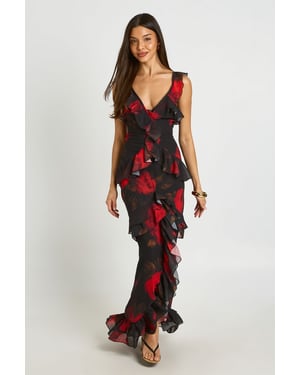 Floral Chiffon Layered Ruffle Detail Maxi Dress