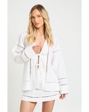 Petite Linen Ladder Insert Tie Front Shirt and Mini Skirt Co-ord