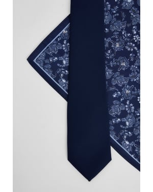 Navy Plain Tie and Floral Pocket Square