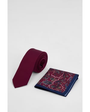 Burgundy Plain Tie and Paisley Pocket Square