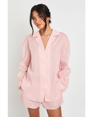 Cotton Pinstripe Oversized Long Sleeve Shirt & Short Pyjama Set