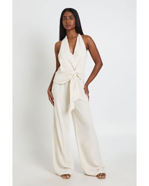 Halterneck Linen Look Knot Front Wide Leg Jumpsuit