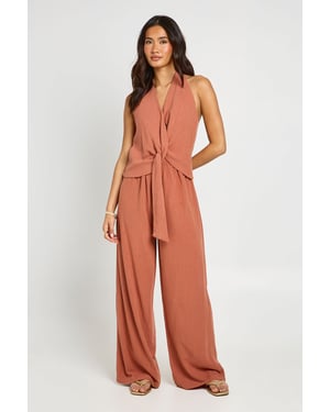 Halterneck Linen Look Knot Front Wide Leg Jumpsuit