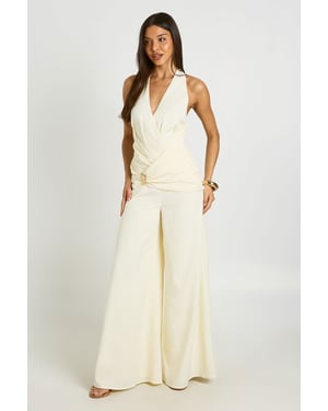 Halterneck Drape Detail Gold Trim Wide Leg Jumpsuit