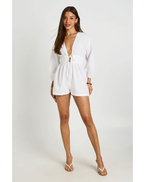 Linen Look Volume Sleeve Shirred Playsuit