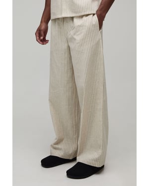 Baggy Fit Stripe Linen Blend Embroidered Pocket Trousers
