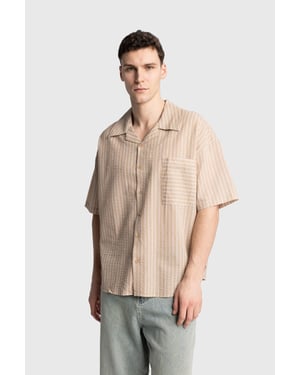 Gestrikte Gestreepte Korte Mouw Shirt met Zak