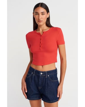 Slim Fit Crop Blus med Knappar