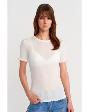 Slim Fit Geribbelde Ruchesblouse
