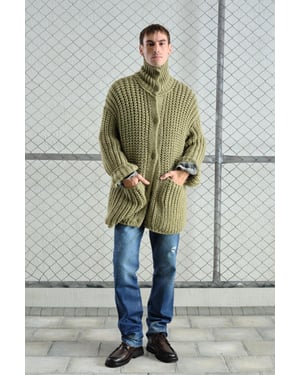 Oversized ribbad stickad cardigan med halv polokrage