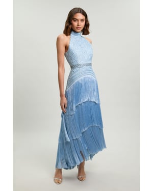Fringed Beaded Halter Neck Woven Maxi Dress