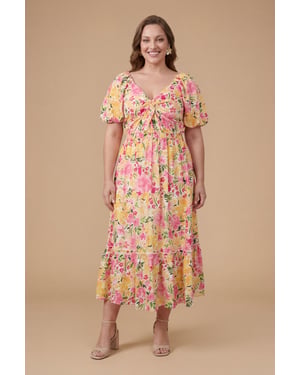 Plus Floral Poplin Twist Front Midi Dress