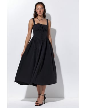 Midi Dress with Square Collar and Button Detail