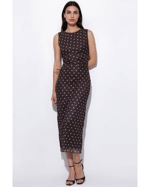 Gestipte Midi Tulle Jurk met Ronde Hals