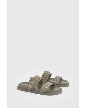 Faux Suede Stud Double Strap Sliders