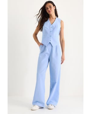 V-hals Vest en Wijde Pantalon Twee-delige Coord Set