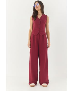 V-hals Vest en Wijde Pantalon Twee-delige Coord Set