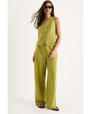 V-hals Vest en Wijde Pantalon Twee-delige Coord Set
