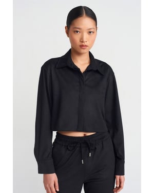 Dames Geplooide Faux Suede Knop Shirt