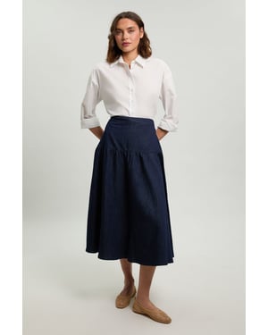 Denim Pleated Full Midi Skirt