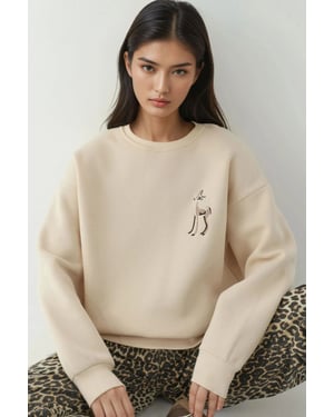 Comfort Dierenpatroon Geborduurde Verhoogde Ronde Hals Sweater