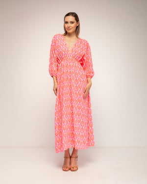 Geprinte jurk met elastische taille, V-hals en V-rug en vetersluiting