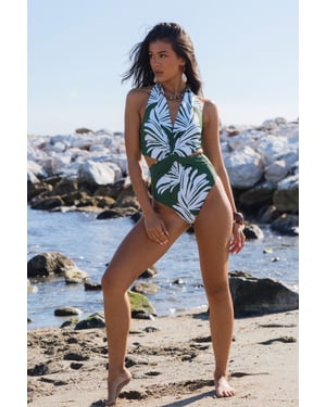 Green Palm Print Twist Front Swimsuit
