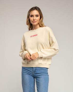 Sweatshirt met de tekst 'iconic' in neonkleur op de voorkant en de rug.