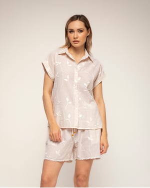 Gestreepte blouse met borduursels en korte mouwen met omslag