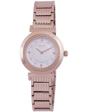 Johan eric: djursland, women's, silver dial watch, applied screw like indexes w swarovski crystals, rose gold ip coated stainless steel case & bracelet..