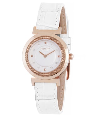 Johan eric: djursland, women's, silver dial watch, applied screw like indexes w swarovski crystals, white genuine leather strap with crocodile pattern top..