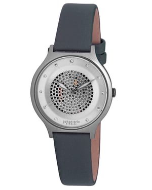 Johan eric: orstead, women's, silver sunray dial watch, up dots & swarovski indexes, grey satin band..