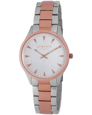 Johan eric: helsingør, men's, silver dial watch w triangular rose gold tone hr-markers, stainless steel and rose gold ip case and bracelet