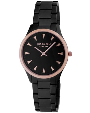 Johan eric: helsingør, men's, black dial watch w triangular rose gold tone hr-markers, black ip case & bracelet with rose gold ip bezel ring and crown