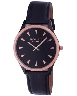 Johan eric: helsingør, men's, black dial watches w triangular rose gold tone hr-markers, black ip case w rose gold ip bezel ring & crown, black calfskin band