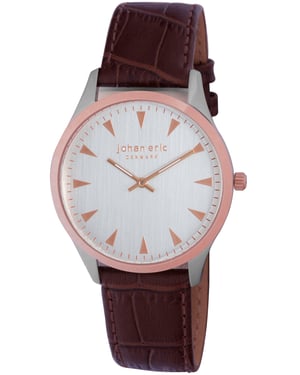 Johan eric: helsingør, men's, silver dial watch w triangular rose gold tone hr-markers, brown calfskin band