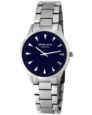 Johan eric: helsingør, men's, blue dial watch w triangular hr-markers, brushed and polished solid stainless steel bracelet