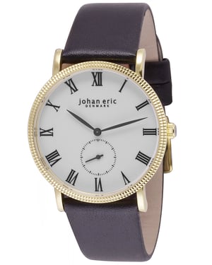 Johan eric men's watch, yellow gold case, white dial, black leather strap