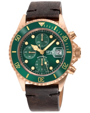 Gevril Mens Wall Street Swiss Automatic ETA 7750 Ceramic Bezel, Genuine Handmade Italian Leather Watch