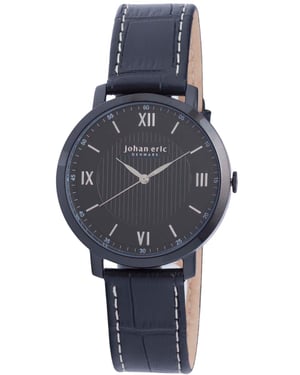 Johan eric: koge, men's, black dial watch, applied indexes w hydraulic stamping pattern, black ip coated stainless steel case & buckle, black leather strap w crocodile pattern top....